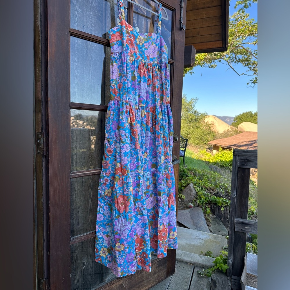 Free People Park Slope Maxi Sundress Bluebell Combo Mod Floral M Oversized